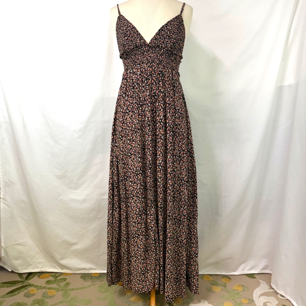 NATURAL LIFE Sandy Maxi Dress M Black Ditsy Floral Sundress Boho Peasant Hippie